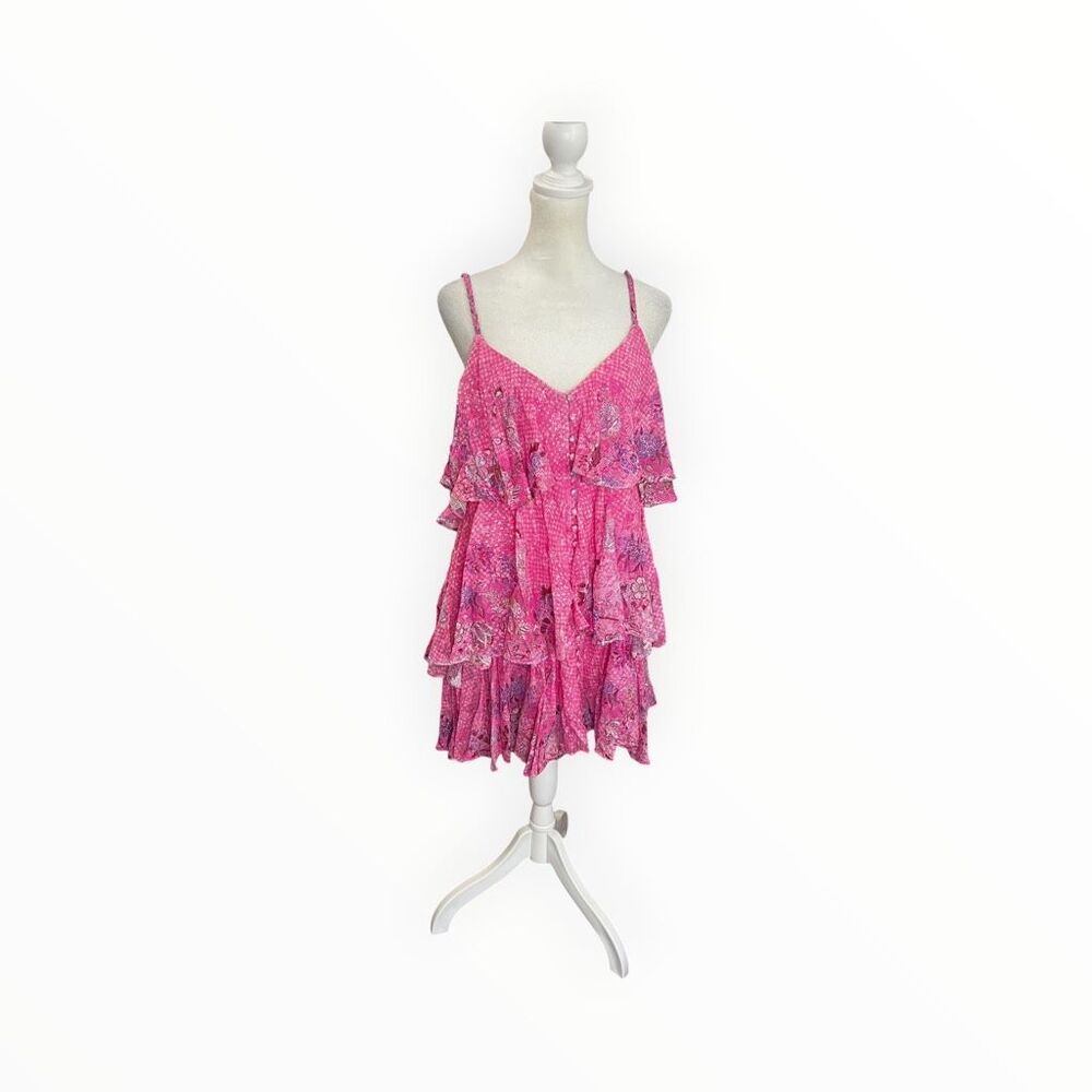 Hemant & Nandita Pink Floral Ruffle Tiered Mini Dress NWT S - Picture 2 of 9